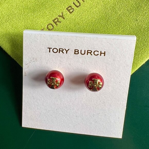 Tory Burch Red Enamel Round Logo Stud Earrings With Gold Accents - Picture 4 of 5